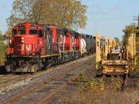 During Thanksgiving weekend last year, CN L568 operated with a pretty neat consist of CN 7071, 9416 and 4790 seen switching the Kitchener yard as they pass track equipment awaiting their next call to duty. 