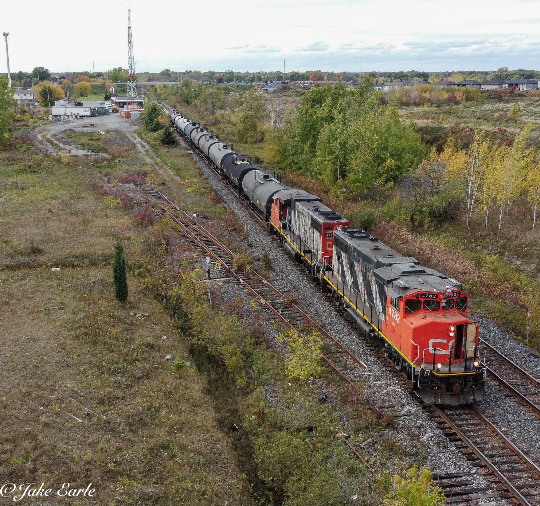 CN L591 leaving Cornwall, after doing work at Regis West, and working on the Wesco Spur. To the left is an old turn off track, that once went in to Cornwall’s Astro Warehouse and Storage, where they’d bring in boxcars with Railway parts I believe. Cornwall used to have their own local at one point in time, that once served so many customers in the town, but over time when businesses shut down, or started shipping the products by trucks, that’s when it took a big hit in the RR industry, and Cornwall businesses had to bring in 591 from Coteau to do the dirty work.