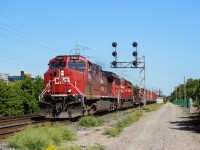 I have always adored the vintage unique signal cantilever structures the CP had, fortunately the North Toronto Subdivision still has a handful across the 6 Mile long line. These signals at Howland likely date back to the mid 1960's when the line recieved CTC. Also, CP 421 can have the tendency for interesting power combinations, and this sort of counts! I am no fan of the CP AC44CWM rebuilds, however the top of 8103's nose is black due to being in an accident or two, which improves it's appearance in my eyes, along with the CP 6259, built by GMD London in 1989 as SOO 6059 (SD60M). The 6259 has been a personal favorite on the roster for me for quite some time.