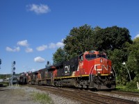 CN 324 has a trio of ES44DC's (CN 2306, CN 2262 & CN 2312) as it heads east with 94 cars for the NECR. At left VIA 35 is stopped and will only get its signal once CN 324 clears.