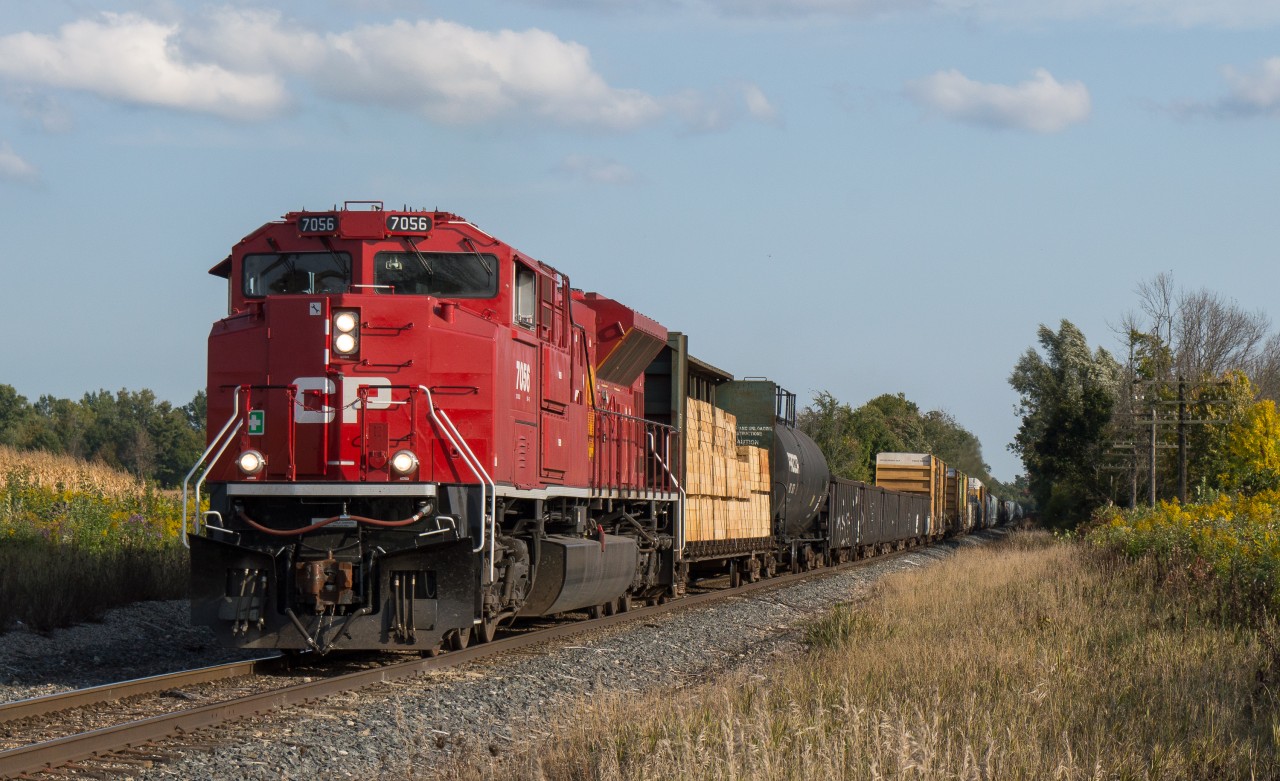 CP 247 grinds up grade with CP 7056 looking sharp on the head end, about 20 cars back was a CP GE that was running as the DPU.  For some reason there was a shuffle at Kinnear that moved the GE from trailing the ACU to becoming the DPU.