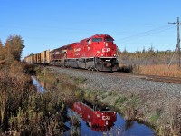 After getting word that CP 234 would have a pair of SD70-ACu's for power, I ventured on down to the 7th Concession to wait on its arrival. The local beavers have dammed up the culvert going under the road raising to water level in the creek to a usable level. They were even nice enough to take some of the scrub brush away for their dam and a few others aided in clearing the brush and weeds. The beautiful fall morning with bright sun and blue skies made for perfect lighting to get the reflection. CP 7033 with CP 7018 blast past with 8116 feet of manifest in tow as they head east down the Galt sub.