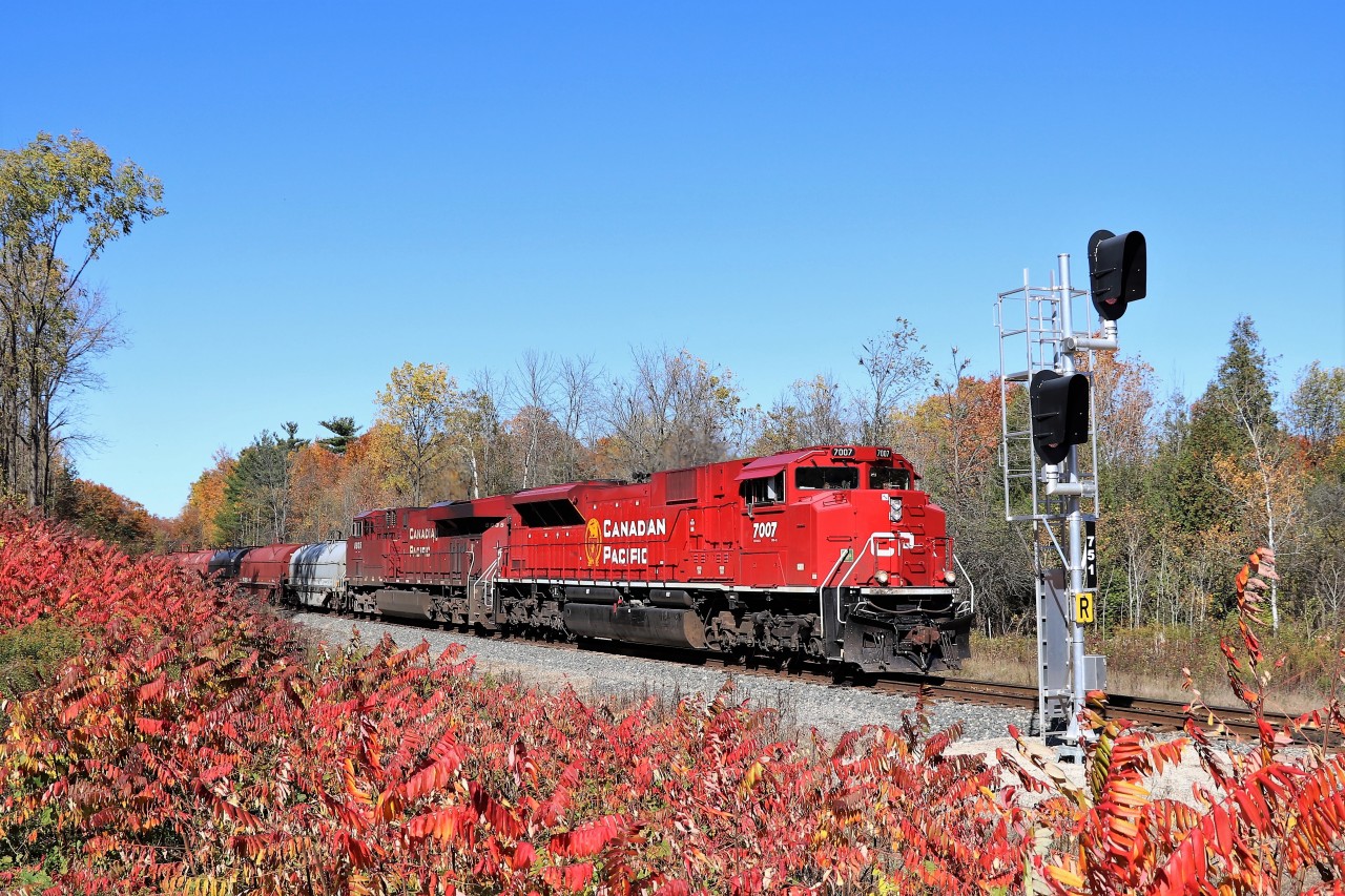 It's a beautiful fall day, bright sun and blue skies and a fairly busy on the CP line through here. The fourth train of the day sees SD70 ACu, CP 7007, rumble out of Campbellville as it heads its way south down the Hamilton sub approaching the Number 3 Side Road. The bright red sumacs in their full fall reds add plenty of colour to the area.