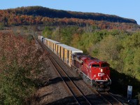 The Niagara Escarpment in the background is a blaze with fall colours, while turkey vultures soar high above, as CP train 234 coasts down the Escarpment with dynamic brakes engaged on both SD70ACU's (former SD90"s). The train is just entering the town of Milton as it continues its journey east to Toronto on this cloudless autumn day.