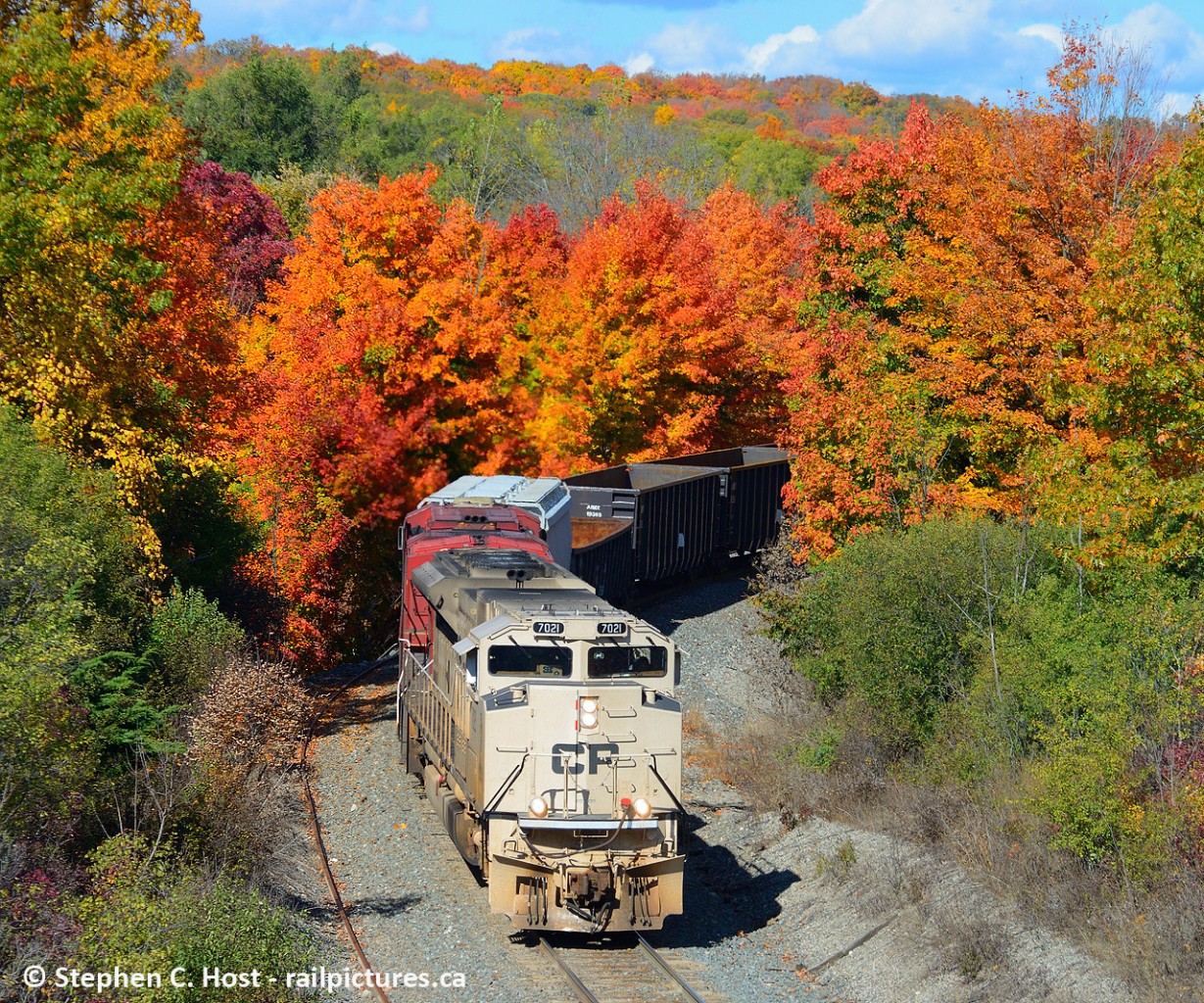 Canadian Pacific's locomotive 7021, painted to honour the Canadian and US Armies passes through brilliant fall colours as the crew of train 246 gingerly guides their train down the 2% downward grade of the Niagara Escarpment. This area is a fall foliage paradise, and to reflect this here's a shot I did in 2010 just a bit north at Snake Rd framed in the now rebuilt wooden bridge. Get it while you still can, it'll all be gone in about a week or less.