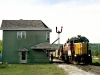 Regular passenger no.2 from Hearst to Sault Ste. Marie pulls into the stat1on at Searchmont. Many campers use the station, rather than the Soo, because of ample free parking off the beaten path