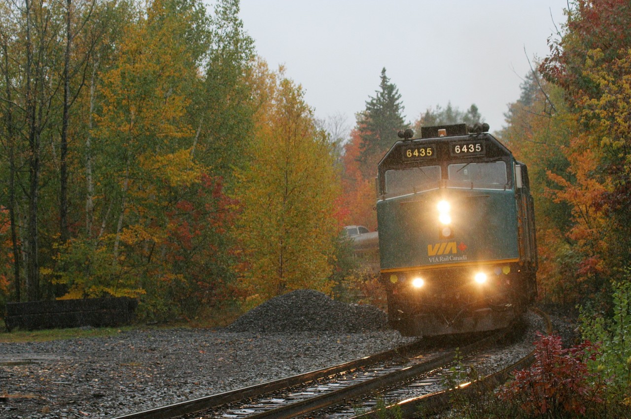 VIA Rail train #1, the Canadian, with 6435 and 6434 arrives at the Parry Sound, Ontario station on Canadian Pacific’s Parry Sound Subdivision in the pouring rain. The train was actually running about 15 minutes ahead of schedule, thus they had to wait for their only passenger to still arrive at the station before they could depart at the scheduled time. October 16, 2019.