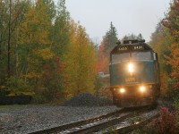 VIA Rail train #1, the Canadian, with 6435 and 6434 arrives at the Parry Sound, Ontario station on Canadian Pacific’s Parry Sound Subdivision in the pouring rain. The train was actually running about 15 minutes ahead of schedule, thus they had to wait for their only passenger to still arrive at the station before they could depart at the scheduled time. October 16, 2019.
