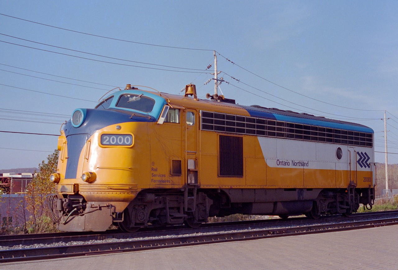 At the station again.  Seemed to be a favourite place of mine, probably cause everything was so accessible and there.  The ONR used the Northlander a lot to shuffle power around between North Bay and Cochrane and vice-versa.  This day (date escapes me, but it is definitely fall) we find FP7Au 2000 sitting in the siding.  Unusual as it is still sitting there in the afternoon, but luckily it is facing (time table South) Southwest for slightly better lighting.