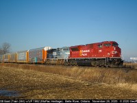 CP Train #244, with SD70Acu #7038 on point, speeds through Essex County on a brisk and sunny November 28th.  The draw today isn't the leader, but the trailing unit, Union Pacific #1983, the Missouri Pacific Heritage Unit.  First one of the UP Heritage fleet I've been able to shoot as the Rio Grande unit went by in the dark a few years back.  Thanks to all for the H/U's.....