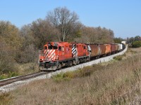 OSR's pair of former action red CP GP9s head West to Ingersoll with interchange traffic from CP in Woodstock. What was a common sight in the 90s and even up to the mid 2000s can once again be recreated after 3-4 years of the 8235 and 1591 being split between the Salford and the Guelph Divisions