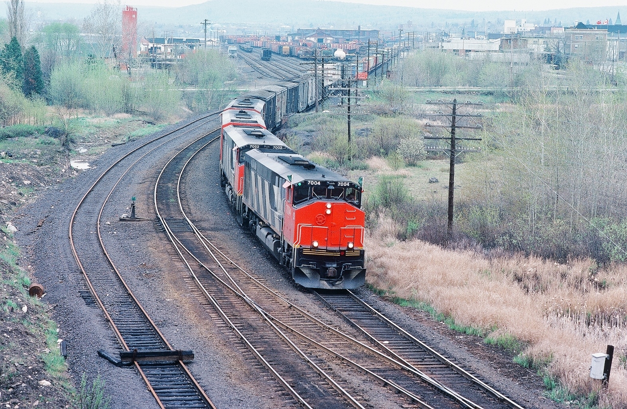Green Marker(s)


 Green Flags


 Departing CP Rail North Bay, CP Rail first #482  is powered by the BBD HR616 Demonstrators #7004 – 7002 – 7001 – 7003. 


 At the Main Street #11B overpass, May 22, 1983 Kodachrome by S. Danko 


   passing ONR shops    


   BBD 7003 at Agincourt    


 sdfourty
