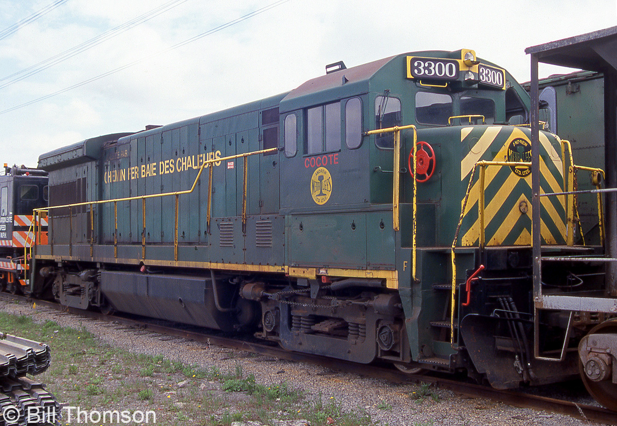 ADSX U33B 3300 is seen parked in owner Andrew Merrilees' yard in Lachine, Quebec. This unit was one of 137 GE U33B locomotives built (the 3,300hp version of their popular U-boat line). It was originally built in 1968 for Penn Central as their 2895, then becoming Conrail 2895. Later it then was one of five U33B's that were sold to the Reading, Blue Mountain & Northern, becoming RBM&N 3300. 

3300 was the lone unit sold to dealer Andrew Merrilees (reporting marks ADSX) in the late 90's, and retained its old RBM&N paint and number. It was then leased to Chemin de fer Baie des Chaleurs, and to Ottawa Central in 1999. By then it had become the last active U33B anywhere, and possibly the last one in existence. It's believed to have since been scrapped.