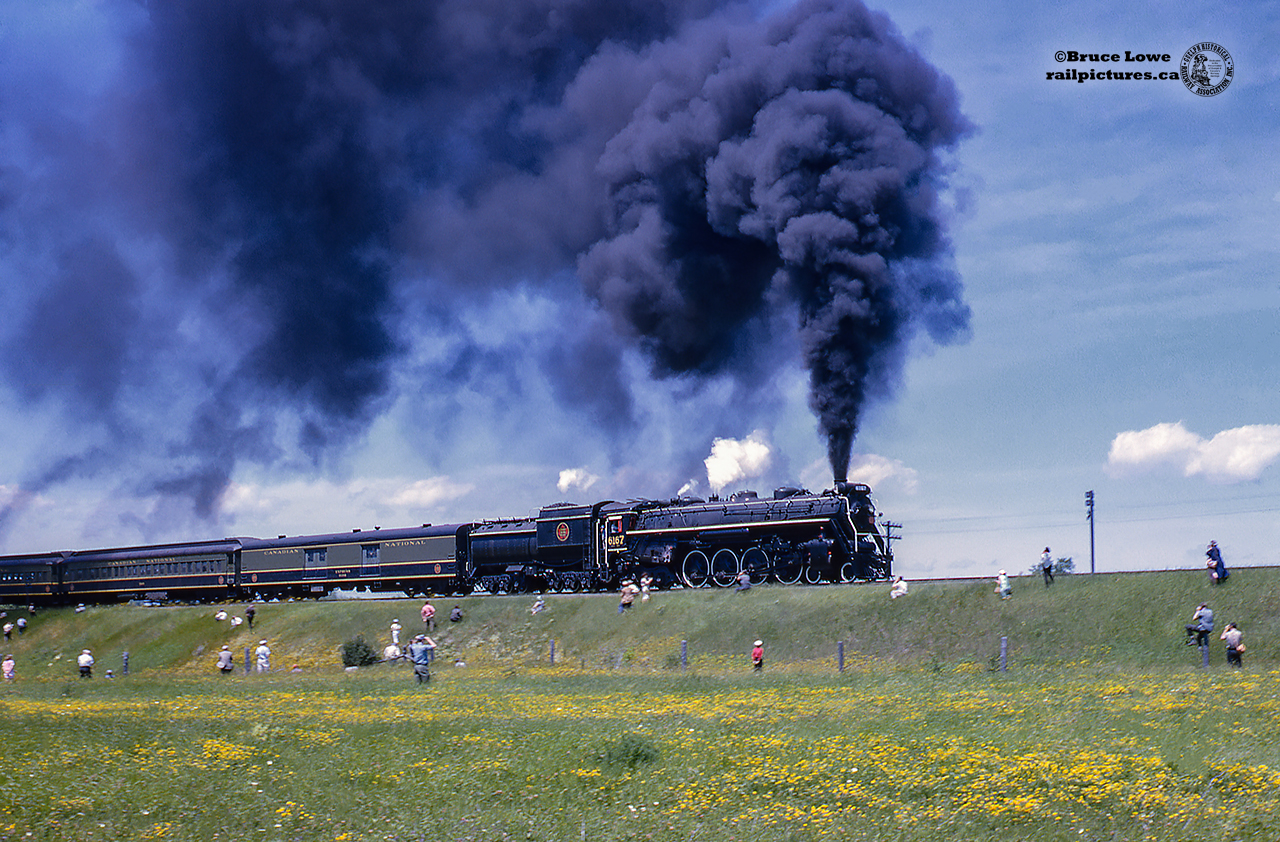 The fireman aboard CNR 6167 pours on the coal as 6167 charges eastbound on the Campbellford Sub out of Lindsay on a Toronto-Lindsay-Belleville UCRS trip.  In just over three months, 6167 will make her last run on September 27, 1964.  Donated to the City of Guelph in September, 1967, the locomotive sat on display for many years at the East end of Carden Street at the end of the CN/VIA Rail station platform.  Various groups have maintained the locomotive with great care over the years, most recently the major cosmetic restoration completed by the 6167 restoration Committee, of which Bruce was a member.  June 15 and 16, 2010 saw 6167 moved to the south side of the Guelph Sub, and placed closer to the 1911 GTR station.  After spending the last decade at this location, 6167 is on the move again to a more permanent site, almost 1/4 mile east near the River Run Centre alongside the Guelph Junction Railway line.  The move will be undertaken tomorrow; Saturday, November 14, 2020, and can be live streamed from the Guelph Museums Facebook Page beginning around 10:00am.  As noted in this article from Metrolinx, the locomotive is being moved to make way for GO Transit's south platform at Guelph Central Station.Thanks to Dave Spiegelman for help with the location.