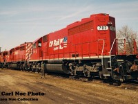 A westbound CP train has arrived at Quebec Street yard in London with 5585, 5599, 6038 and 783. The power is seen having just uncoupled from their train and will soon head to the shop where 5585 and 5599 would be set-off.
<br>

Unit Dispositions
CP 5585 would be retired in March 2008 and then sold to RB Recycling Group in Montreal for scrap.
<br>
CP 5599 was retired in July 2008 and then sold to J&L Consulting in Langley, BC during 2010.
<br>
CP 6038 was active up until 2015 and was eventually stored unserviceable and now possibly stored/retired. 
<br>
CP 783 was former SOO Line 783 and was repainted/renumbered into CP 783 during October 1993. It was retired during 2001 and sold to National Railway Equipment in September 2004, eventually becoming NREX 783. 
<br>
Unit notes from- www.mountainrailway.com.
