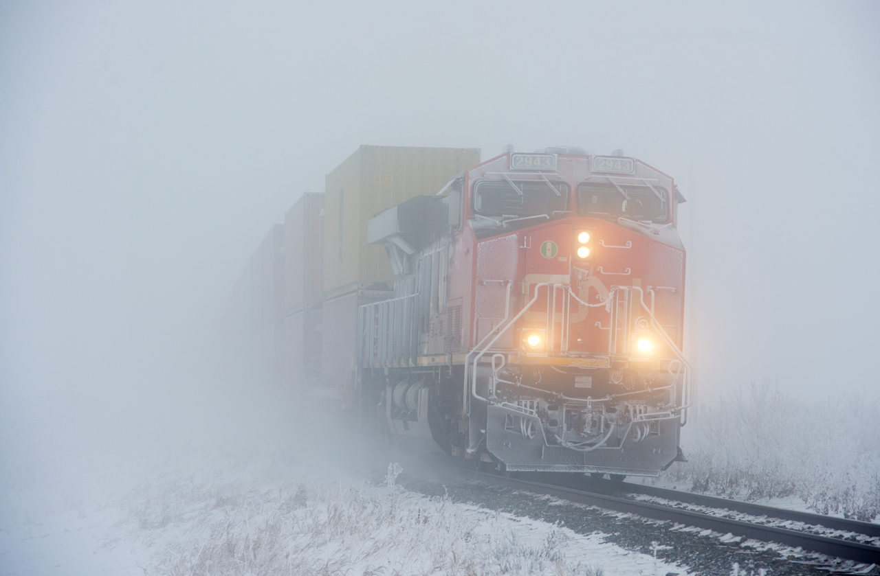 CN 197 emerges from the ice fog just west of Watrous Saskatchewan.