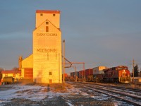 CP 8960 east catches the first rays of daylight as it speeds past the elevator at Moosomin Saskatchewan. 