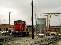 A lone GMD-1 sits out the weekend in front of the Hanna Roundhouse. The large size was due to all coal mine runs in the Red Deer Valley were assigned to Hanna. CN abandoned the line around 2011 due to bridges requiring renewal in the badlands. Calgary traffic from the east was diverted to Bretville Jct. in east Edmonton then south via Camrose and Mirror. The roundhouse was preserved in this once busy terminal