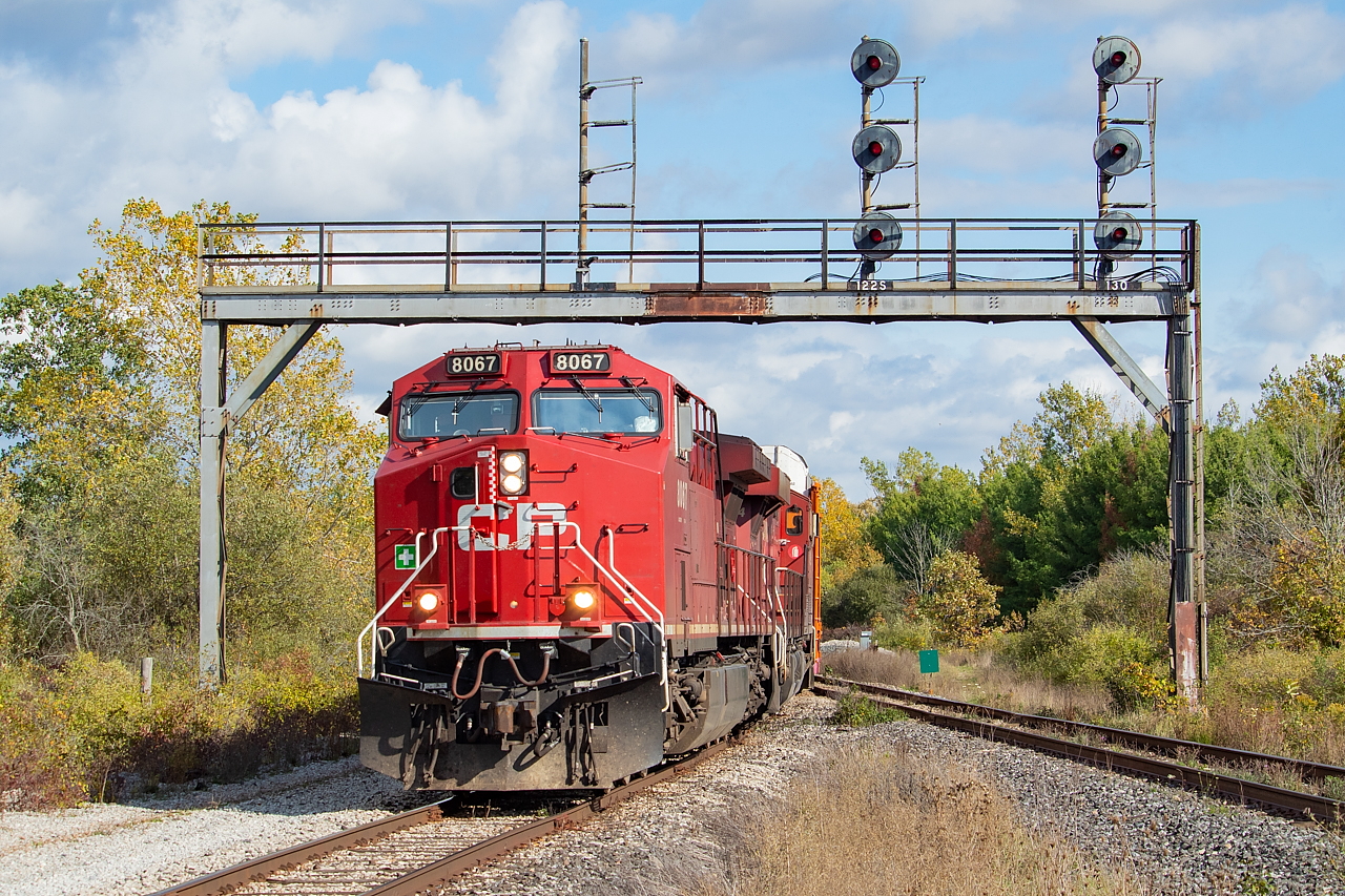 CP 247 is nearly on home rails here at CN Robbins, as it comes off the CN Stamford Sub and onto the Cayuga Spur connecting track. Soon after it will clear Station Name Sign Brookfield East and enter the CP Hamilton Sub.