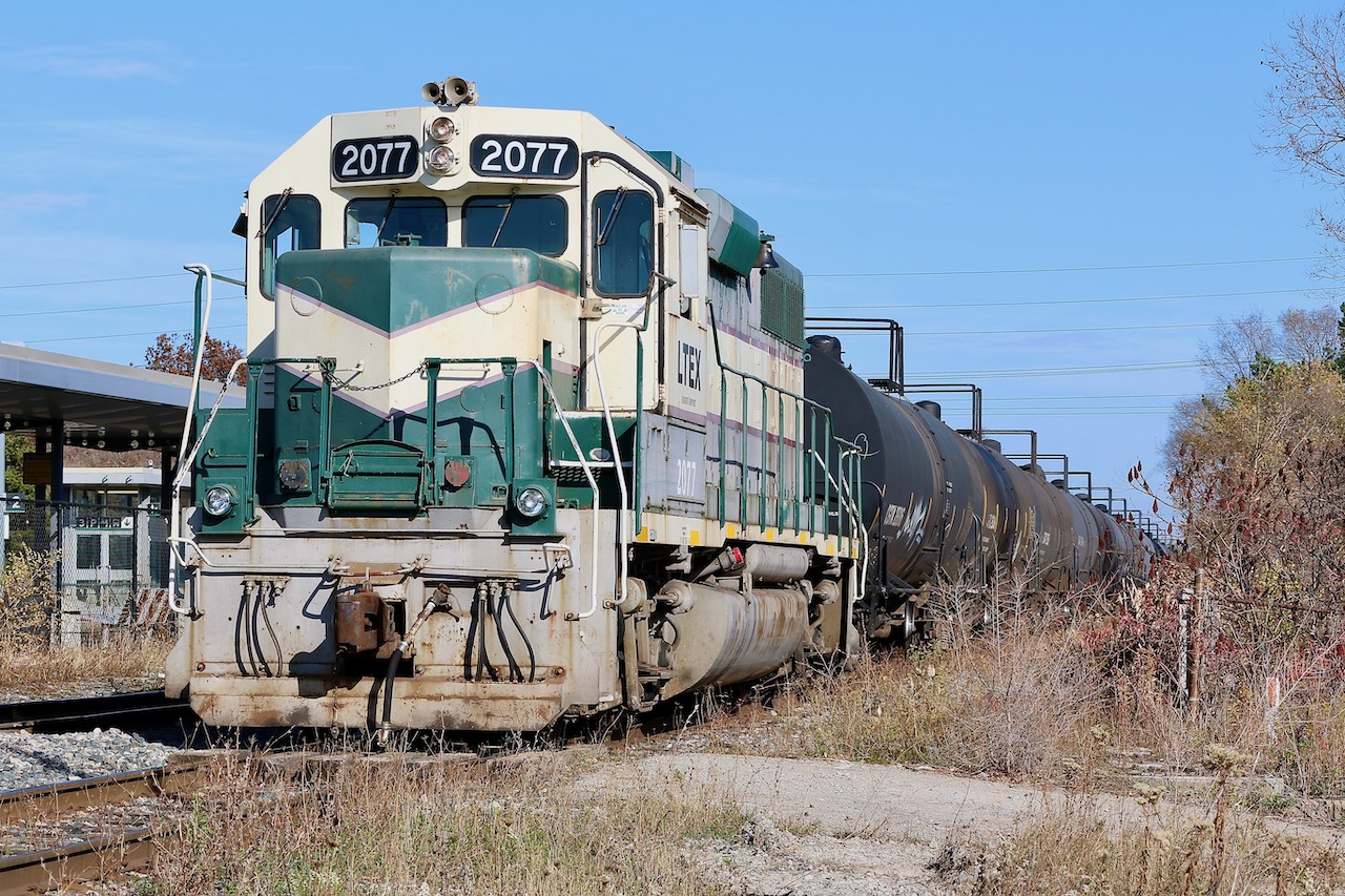 Hidden in plain sight, Railserve daily keeps Suncor traffic moving to and from the CN yard in Clarkson. Not easy to photograph thanks to fences basically all the way along the industrial spur between the GO station and refinery. The only level crossing is at Orr road. Luckily a gap in the fence at the Go station allows an opportunity to photograph switching moves at the west end of the yard. A place that so many years ago I was shocked to see a well weathered TH&B switcher working a cut of tank Cars so many years after the TH&B was absorbed by CP. Thankfully the unit was owned by the Ontario Southland, which I didn't know at the time. As the years passed the OSR contract here was taken over by Railserv, and a pair of former Chessie System GP38's has been keeping the tank cars here moving. Recently a freshly painted grey and red GP38 has arrived on the property so one of these well weathered Geeps may soon leave.
