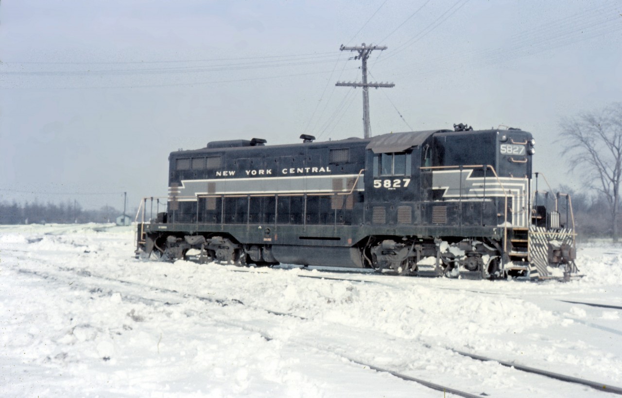 New York Central GP7 5827 idles at Montrose Yard during the winter of 1960. This unit was originally built for the Chesapeake & Ohio in March 1951 as their 5729 and was acquired by the NYC in January 1956 to help dieselize the Canada Division. She was operated by NYC successors Penn Central and Conrail until the time of the Canada Southern's sale to CN/CP in 1985.