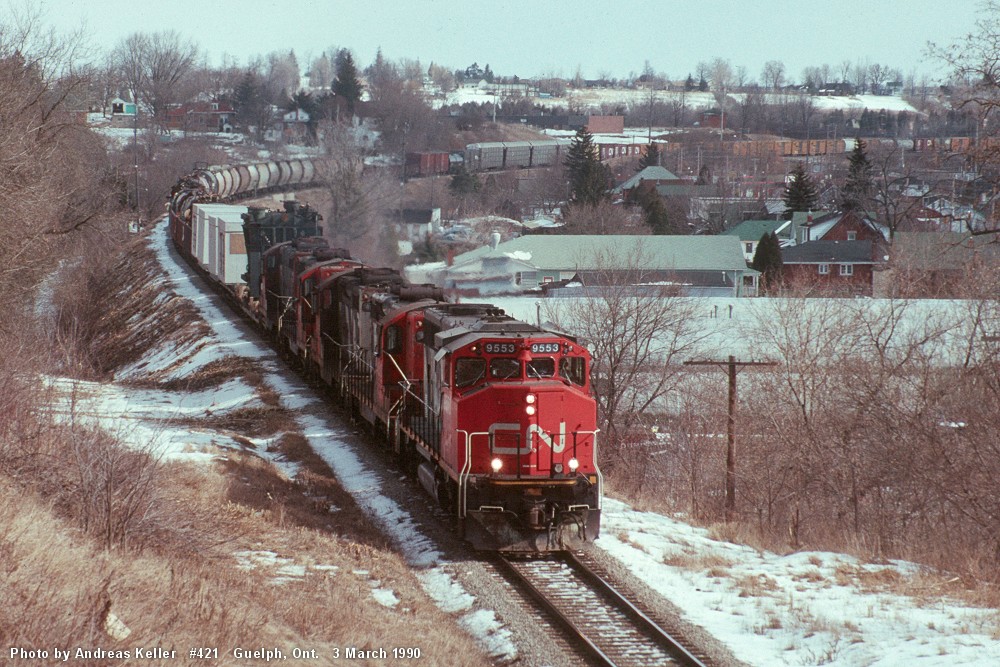 CN 421 on the approach to Guelph, Ontario on March 3 1990 photographed from Victoria Rd.