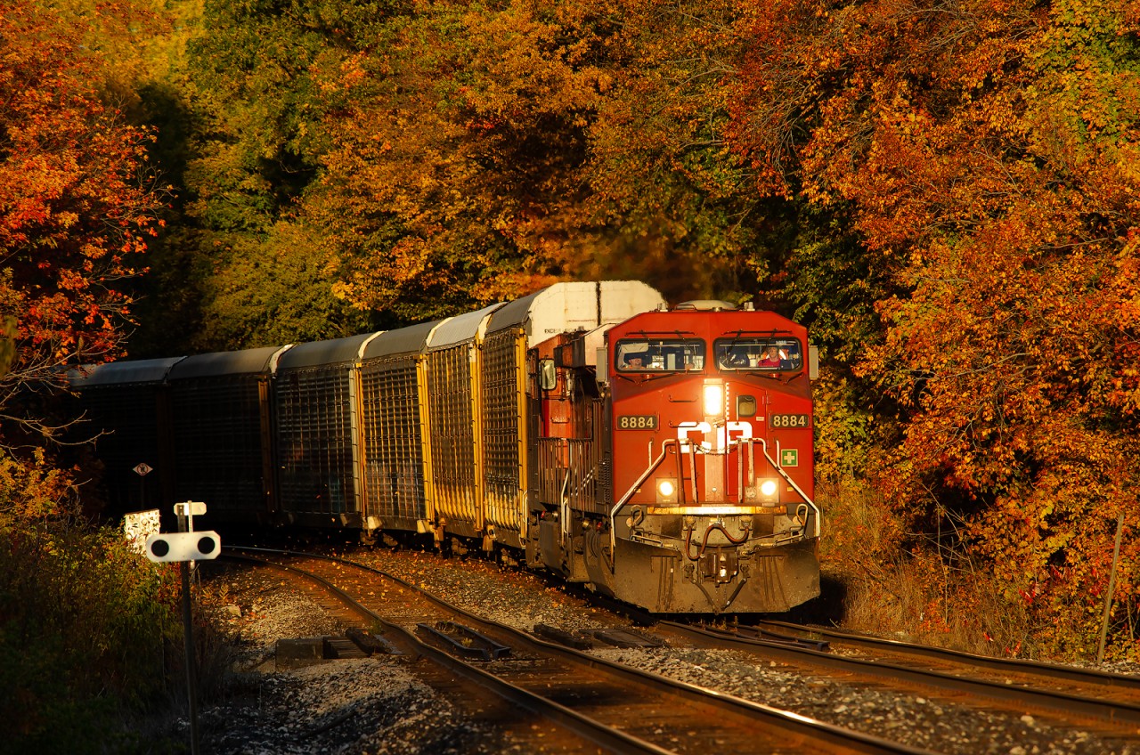 Surrounded by great fall colour, CP ES44AC 8884 kicks up some fallen leaves just west of Milton West charging towards The Escarpment with Gibson, IN bound train 147-13.