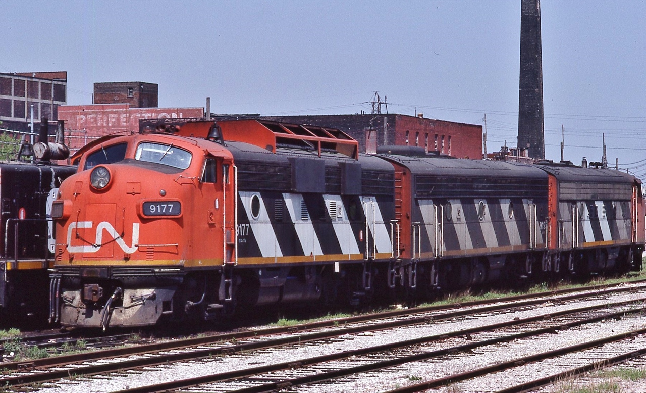 Interesting day at the Lower Don Yard, at that time home to the SW1200RS ( CN 1300's ) with the GMD 567C series engine


 On a hot and humid Saturday Cab units CN 9177 – 9195 – 9175: GMD F7Au – GMD F7Bu – GMD F7u  await the next transfer service assignment 


 Delivered to CN during 1951-52 by GMD with numbers: 9088 - 9095 - 9132  


 all retired by 1989 with 9177 to NRE by November 1990 and on to …..


 May 17, 1987 Kodachrome by S.Danko


 what's interesting 


 lower Don Yard is now part of Toronto Waterfront Revitalize Corporation ' West Don Lands Precinct Plan' and today  remnants of any railway use is gone....near this site in the early 1980's on the way home I would stop and watch the CPR daily local job's MLW S-3 ( 6500 series )  kicking box cars through the crossing to the loading docks parallel to Front Street (south side), east of Cherry Street.


 and per AWM and SCH:


 Some of these F unit's were part of the regular Nanicoke power


 [Currently – autumn 2020 ] CN 9177 down on the Shenandoah Valley Railroad in Staunton, VA as of January 2020. Stored 


 [ and in 2020, ex CN9177 is located at ] Cresson Steel in PA waiting for a buyer… SOU 9177 is current reporting marks.. (was to be rebuilt by NS, not happening now) 


 sdfourty