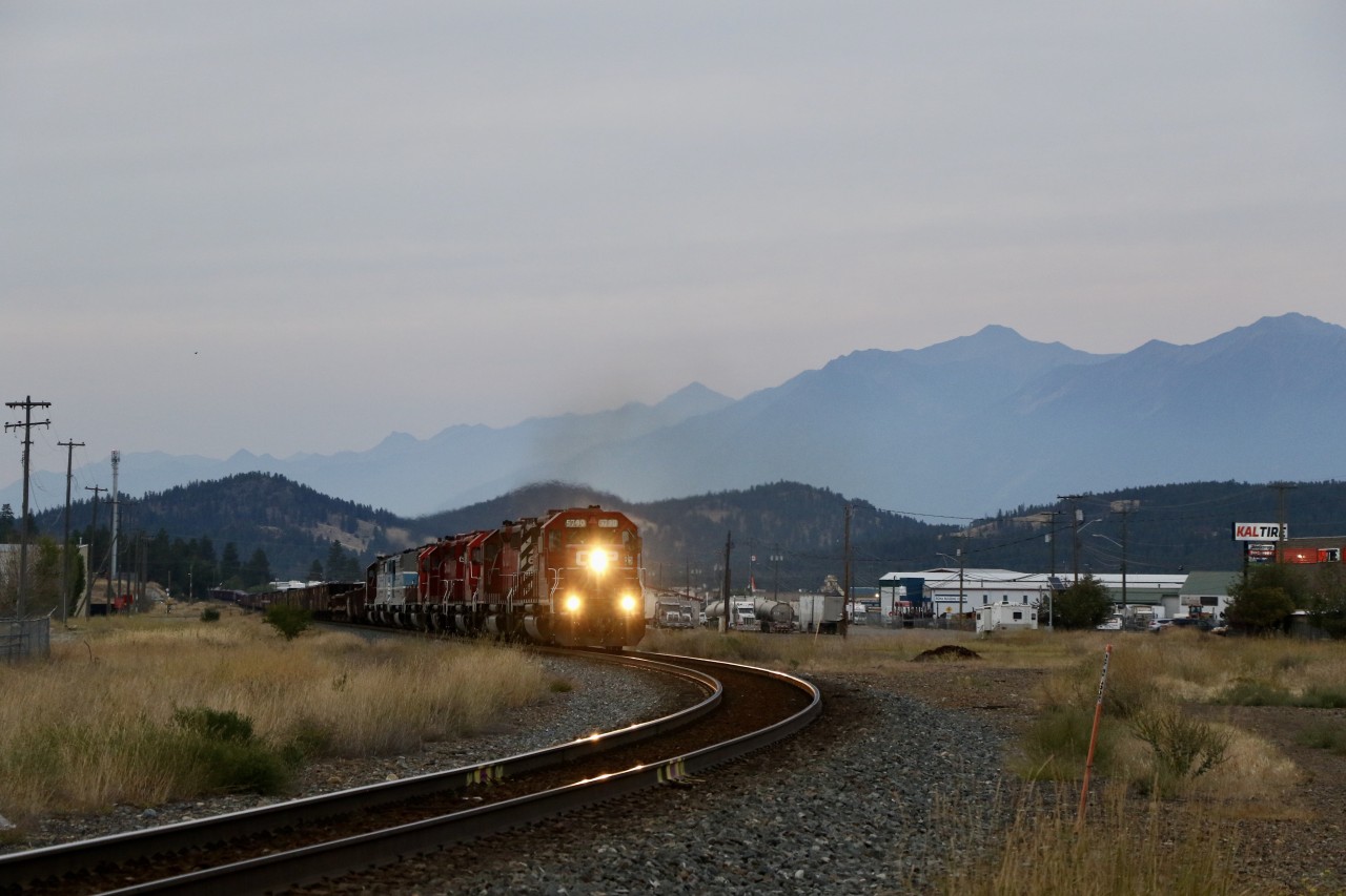 CP 5790 slowly slugs uphill with a total of 7 SD40-2's behind it. The train has been down on its knees since Fort Steele with the conductor having to fire up the CMQ 9023 to get them above 5 mph. The train consisted of the 8 SD40-2's and 65 empty ballast cars for the pit at Swansea. Engine ID's are in the following order; CP 5790, CP 6055, CP 6030, CP 6607, CP 6045, CMQ 9021, CMQ 9023, CP 6028.