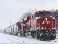 Along with 8718 ( the new twins of 254 for a coupe of weeks), 254 approaches the descent into the Grand River Valley showing some of its snowy adventures since London, but with not quite enough "ummppphhh" to really kick up more.