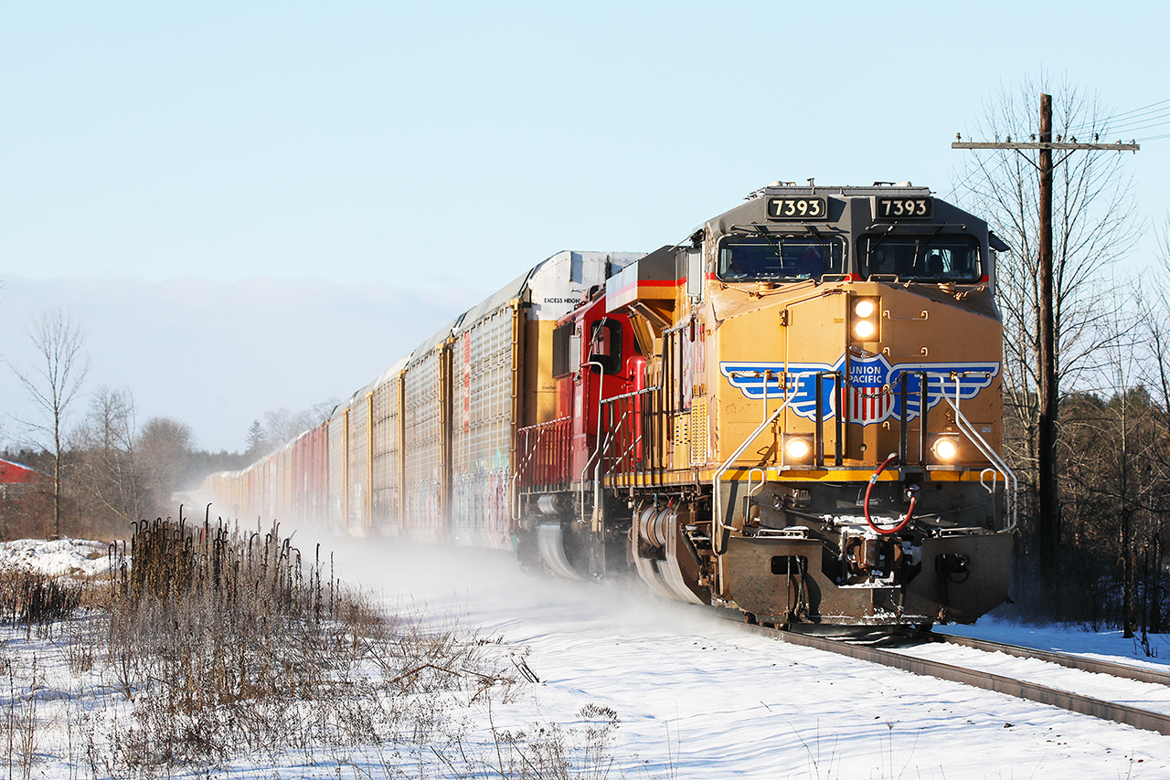 This isn't Iowa. Along with CP 6248, the light snow spins off the not terribly common foreign leader in Ontario. 244 accelerates out of Galt destined for Toronto on a fabulous winter morning.