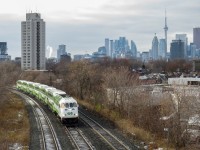 GO MP40PHT-T4 669 and 6 coaches flies out of the downtown core en route to Oshawa. GO 669 is one of a few MP40PHT-T4s (also known as MP54s) that was in service on this day, as I went to Willowbrook and found 8 in the deadline. Due to track work on the south west of the Danforth switch, all EB trains were diverted onto the middle track through this section. 