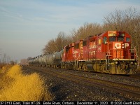 CP 'local' T-29 made a very early morning westbound run to Windsor on December 11th.  Here CP 3113 leads T-29 back eastbound toward London with a cut of about 10 tanks likely destined for the ethanol plant in Chatham.  T-29 is holding in the siding at the east switch Belle River, waiting on a huge CP 141 train to pass.  3113 will have 35 years of service in her come April 2021 and it's nice to see these old Soldiers still making miles and money for the railroad.