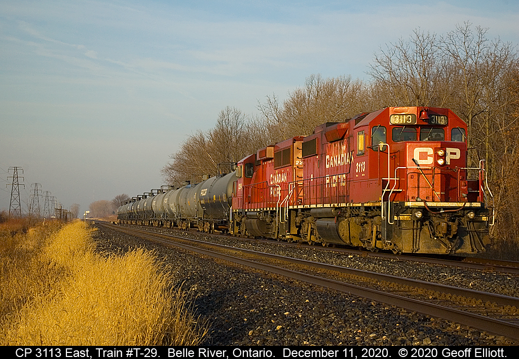 CP 'local' T-29 made a very early morning westbound run to Windsor on December 11th.  Here CP 3113 leads T-29 back eastbound toward London with a cut of about 10 tanks likely destined for the ethanol plant in Chatham.  T-29 is holding in the siding at the east switch Belle River, waiting on a huge CP 141 train to pass.  3113 will have 35 years of service in her come April 2021 and it's nice to see these old Soldiers still making miles and money for the railroad.
