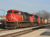 During the CN strike of 2019, CN Kitchener crews were left with a big power set as they were still operating normally due to being under a separate union agreement. Here CN L568 is departing Kitchener for Stratford on the Guelph Subdivision with 8863, 8901, 2674 and 2434. 

