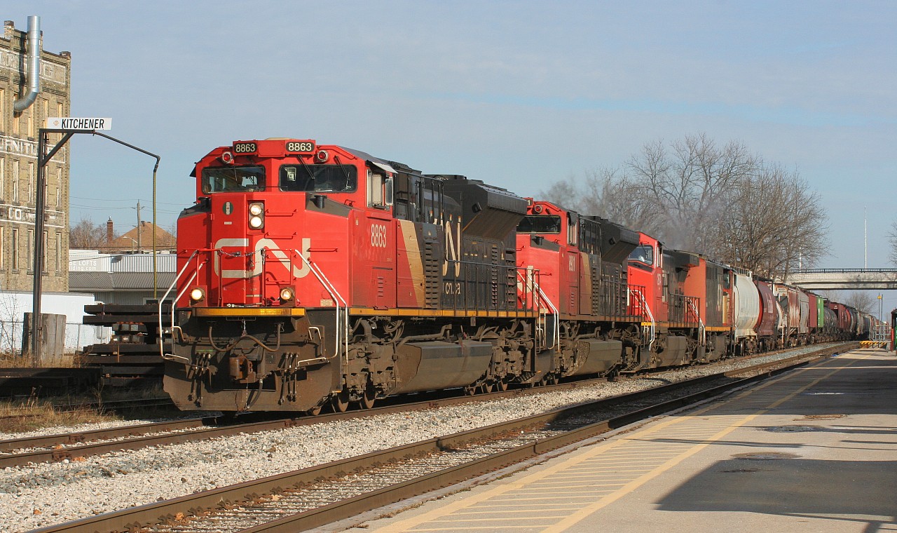 During the CN strike of 2019, CN Kitchener crews were left with a big power set as they were still operating normally due to being under a separate union agreement. Here CN L568 is departing Kitchener for Stratford on the Guelph Subdivision with 8863, 8901, 2674 and 2434.