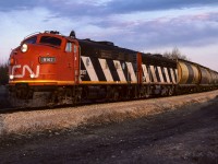 In the very last glow of the day, the Muskeg Mixed enters the curve to Kerensky where it will leave the Coronado Sub. and continue north on the Lac La Biche Sub. That is the 9192 trailing and the tailend cars consisted of Baggage 7856, Coach 5095 and CN caboose 79881. I see from my notes, this was shot at f/2 and 1/250th. Photo taken just after 20:00.