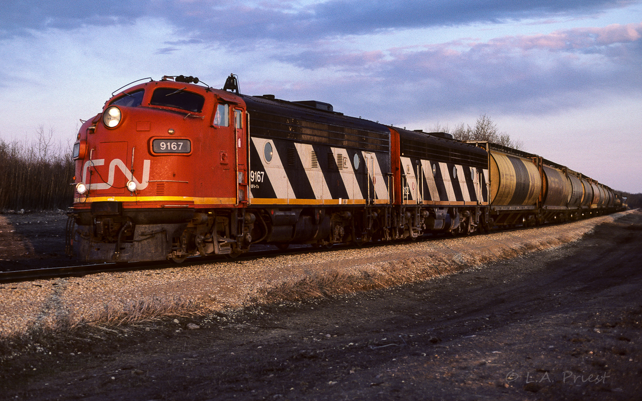 In the very last glow of the day, the Muskeg Mixed enters the curve to Kerensky where it will leave the Coronado Sub. and continue north on the Lac La Biche Sub. That is the 9192 trailing and the tailend cars consisted of Baggage 7856, Coach 5095 and CN caboose 79881. I see from my notes, this was shot at f/2 and 1/250th. Photo taken just after 20:00.