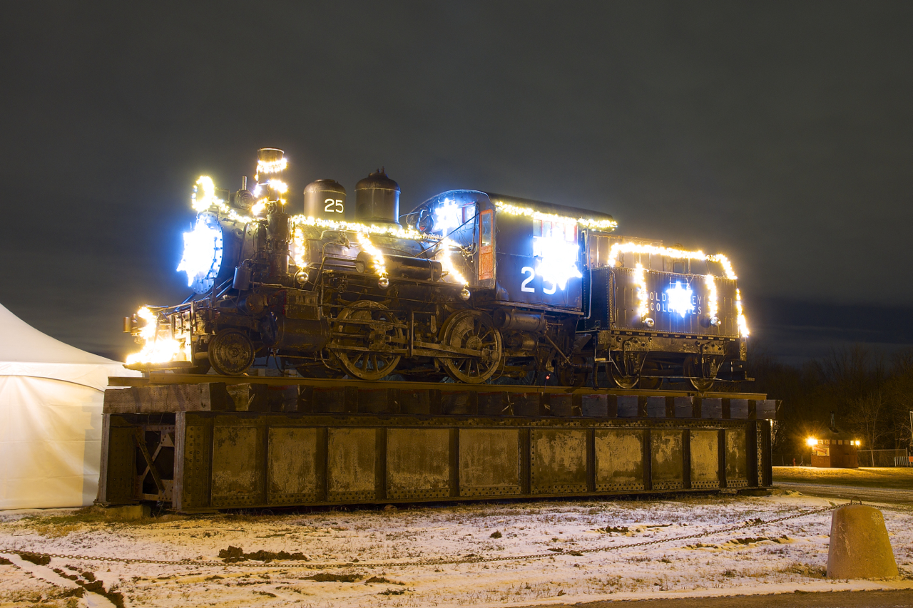 This 2-4-0 steam engine was in use in the Cape Breton region of Nova Scotia until 1962, two years after CN and CP dieselized completely. It was donated to Exporail and is seen at the entrance to the parking lot, decorated for the holiday season.