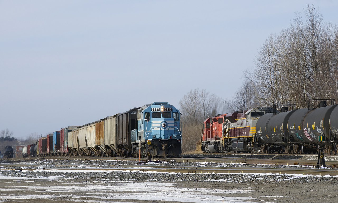 Farnham yard job CP F24 has CMQ 3817 for power as it is passed by the inbound CP 251, with CP 6018 & CP 7011 for power.