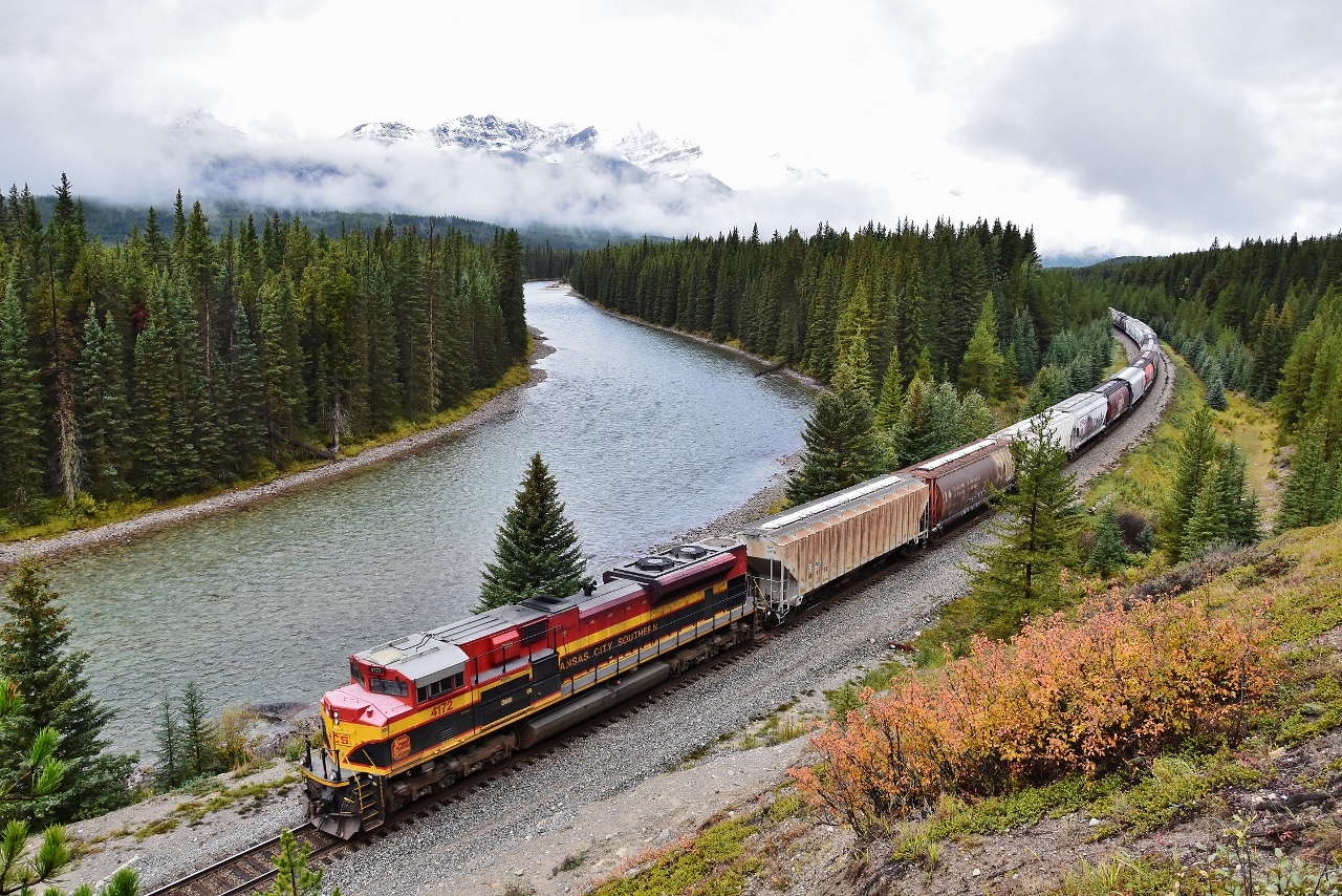 br>

 which railway is this ?
 

  and it is a SD !


 KCS #4172 shoving hard on UP 5456  West approaching Lake Louise,


 with grain loads powered by UP 5456 – CP 8566 - dpu KCS 4172 (  GE AC45CCTE – GE AC44CW – dpu EMD SD70ACe )


 near mile 100 Laggan Subdivision at the Storm Mountain lookout on the Bow Valley Parkway, temperature +1c at 10:50 MDT Sept 17 2018 digital by S Danko


 what's interesting


 recommend this location over the now treed out Morant's Curve


   snowed out September   


 sdfourty