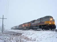 CP 498 cuts through some ice fog at Uren Saskatchewan with CP 7014 and BNSF 5615 on the point. 