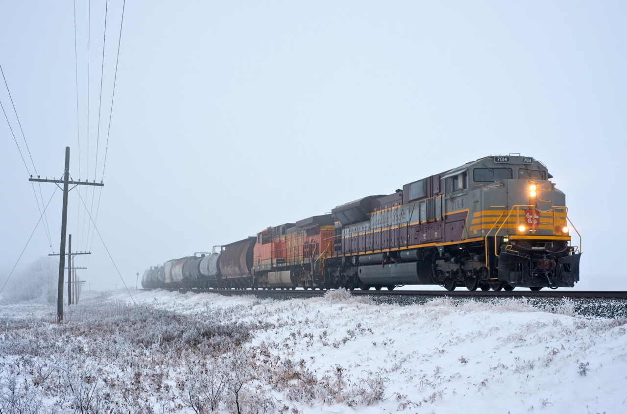 CP 498 cuts through some ice fog at Uren Saskatchewan with CP 7014 and BNSF 5615 on the point.