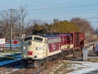 One year ago today (though it certainly feels like a lifetime ago), one of OSR's F-units made a rare appearance on the Cayuga Clipper and I believe this was the only time one ran as far as Courtland. They're pictured here in Courtland, having run around the empty centrebeam they'd picked up off the main at nearby Townsend Lumber to the west. They'd brought four loads for the Agromart here in town with them on this day. <br><br>At this point the Cayuga was on borrowed time, with OSR planning to cease operating it in April 2020. The next run after this, and those that followed, would see large crowds of railfans along for the chase. This one however was fairly quiet.