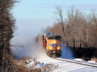 UP 7393 with CP 6248 blast eastward along the Galt sub with 9150 feet of train kicking up the light dusting of snow trackside as they approach the seventh concession.