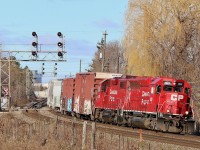 I was hoping former GP40X #4522 would eventually show up on T14 and as luck would have it GP38AC 3004 was pulled off the train over the weekend and replaced by 4522. After grabbing a couple of boxcars from the branch north of highway 401 and working the yard T14 is finally on its way back home to Lambton yard. The 4522 is unique even if it has been rebuilt into a GP38-2 and is technically no longer a true GP40X. CP only has a handful of the former Union Pacific GP40X's and the 4522 is the only one currently assigned to Ontario. 