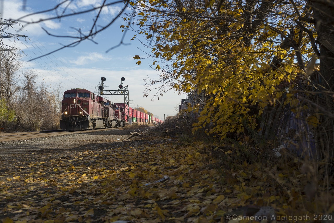 After snapping some GO train action at Wallace Ave, I ended up at Bartlett Ave to see what would roll by on the North Toronto. Turns out CP actually runs trains still, whodathunkit? CP #113 strolls thru with ES44AC no.8867 pulling a mile of double-stacked containers destined for Vancouver behind it. The low hanging branches with the last of autumn leaves clinging on really added to the scene in my opinion and I couldn't resist framing the shot with them.