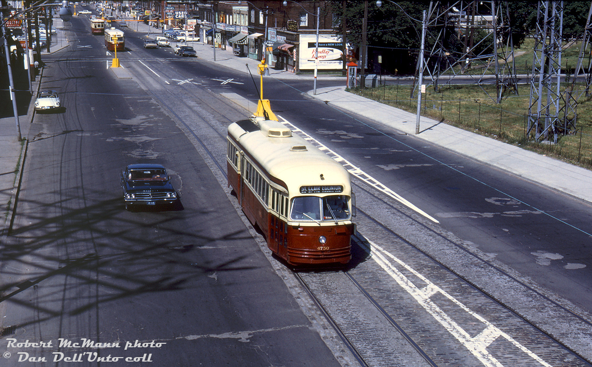 TTC PCC 4750 (an A14-class PCC originally built by St. Louis Car Co for Kansas City Public Service as their 526 in 1947) heads eastbound on St. Clair Avenue at Prescott, operating in service on the St. Clair route. It and the Buick alongside are about to duck under CN's Newmarket Sub underpass, near the old CN St. Clair station and platforms.

The trailing PCC car in the distance at Laughton Avenue may be 4001 (possibly on a fantrip), but the Peter Witt behind is 2766 that was out running on a fantrip that day, which included a run up Weston Road to Avon Loop (Rogers Rd), a visit to Humber Loop in the west, and a stop at the old Park Loop (north side of High Park, off Bloor Street). By this time the Peter Witt era on the TTC was just about over, and car 2766 made a few more fantrips before being retired in July 1965. While the few other remaining cars were disposed of, the TTC kept 2766 and later overhauled her for a new downtown Belt Line Tour Tram service in 1973, also joined by cars 2424 and 2894. PCC 4750 on the other hand, would be sold to Philadelphia and depart Toronto by flatcar in March 1976.

Robert D. McMann photo, Dan Dell'Unto collection slide.