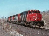 CN SD40-2W 5357 leads four other widecabs through "Mile 30" on Toronto - Sarnia train 411