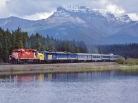 <br>
<br>
 CP Rail SD40-2 #5734 in charge of VIA #1 'Canadian' near the Continental Divide 
<br>
<br>
 at Stephen, B.C., Sept 8, 1983 Kodachrome by John Baker, collection of Steve Danko
<br>
<br>


